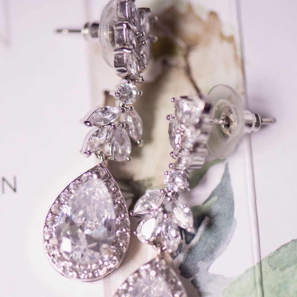 Crystal bridal earrings drop Sterling Silver